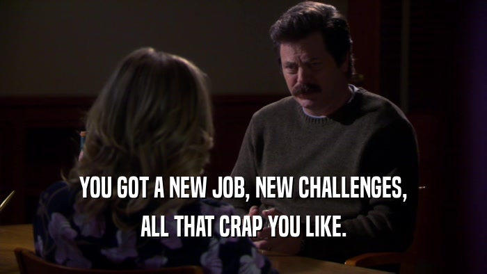YOU GOT A NEW JOB, NEW CHALLENGES, ALL THAT CRAP YOU LIKE. 