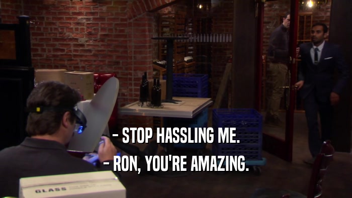 - STOP HASSLING ME. - RON, YOU'RE AMAZING. 