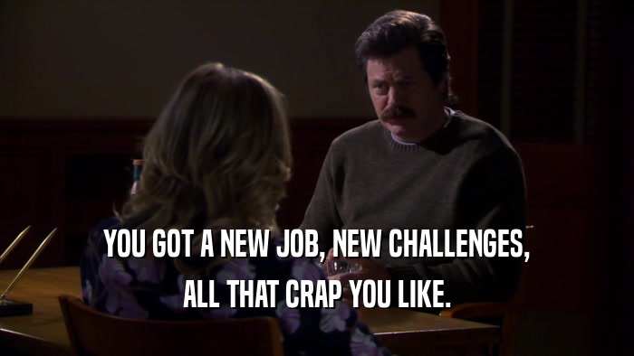 YOU GOT A NEW JOB, NEW CHALLENGES, ALL THAT CRAP YOU LIKE. 