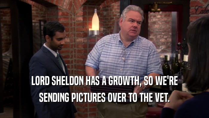 LORD SHELDON HAS A GROWTH, SO WE'RE SENDING PICTURES OVER TO THE VET. 