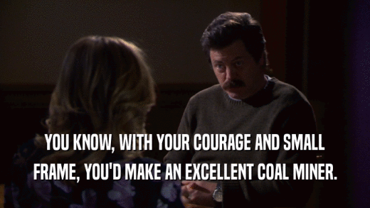 YOU KNOW, WITH YOUR COURAGE AND SMALL FRAME, YOU'D MAKE AN EXCELLENT COAL MINER. 