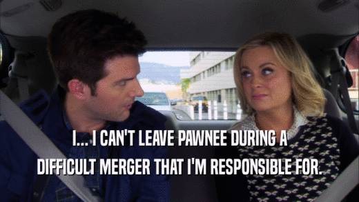 I... I CAN'T LEAVE PAWNEE DURING A DIFFICULT MERGER THAT I'M RESPONSIBLE FOR. 