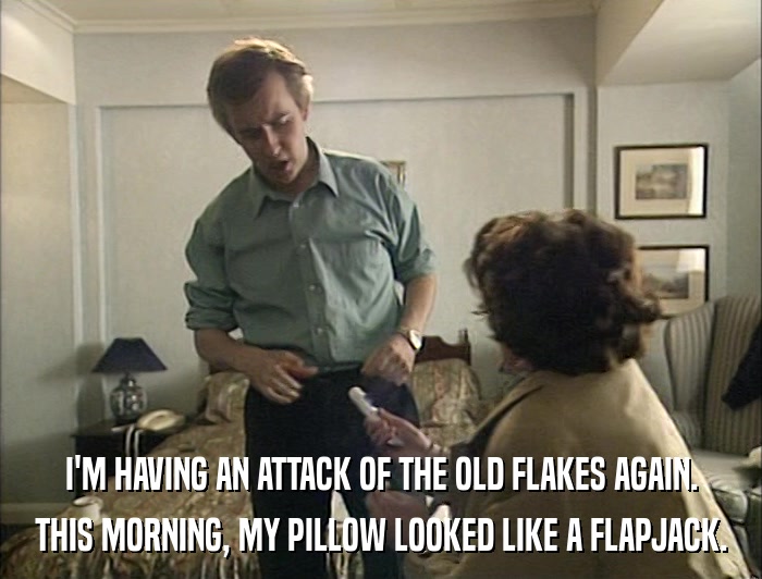 I'M HAVING AN ATTACK OF THE OLD FLAKES AGAIN. THIS MORNING, MY PILLOW LOOKED LIKE A FLAPJACK. 