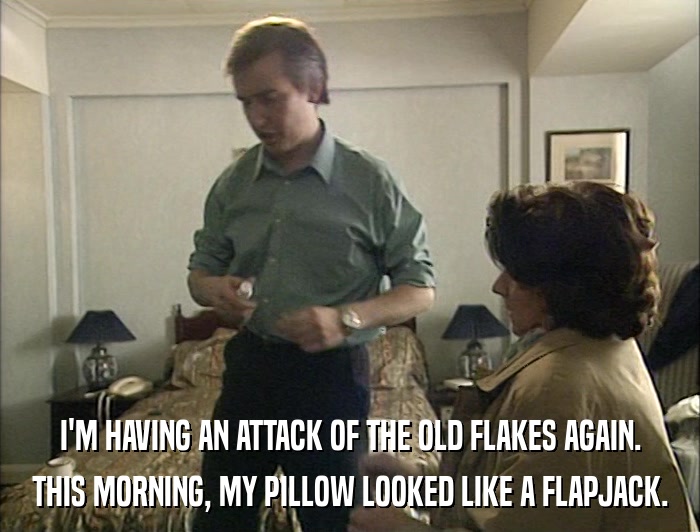 I'M HAVING AN ATTACK OF THE OLD FLAKES AGAIN. THIS MORNING, MY PILLOW LOOKED LIKE A FLAPJACK. 