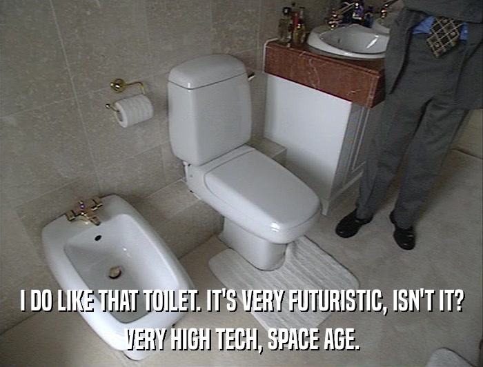 I DO LIKE THAT TOILET. IT'S VERY FUTURISTIC, ISN'T IT? VERY HIGH TECH, SPACE AGE. 