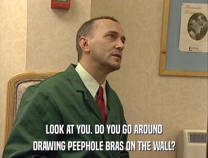 LOOK AT YOU. DO YOU GO AROUND DRAWING PEEPHOLE BRAS ON THE WALL? 