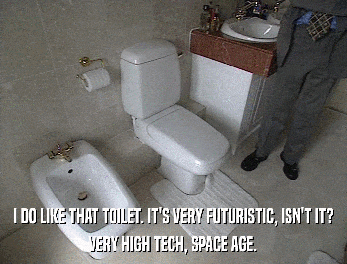 I DO LIKE THAT TOILET. IT'S VERY FUTURISTIC, ISN'T IT? VERY HIGH TECH, SPACE AGE. 