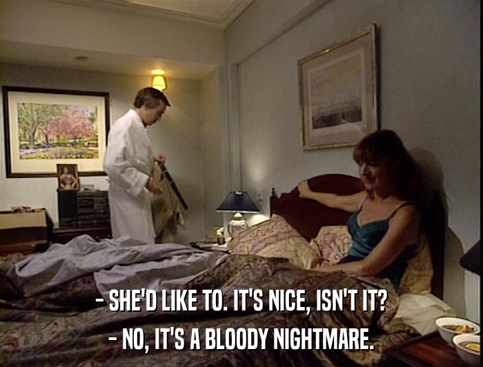 - SHE'D LIKE TO. IT'S NICE, ISN'T IT? - NO, IT'S A BLOODY NIGHTMARE. 
