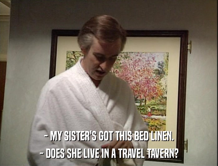 - MY SISTER'S GOT THIS BED LINEN. - DOES SHE LIVE IN A TRAVEL TAVERN? 