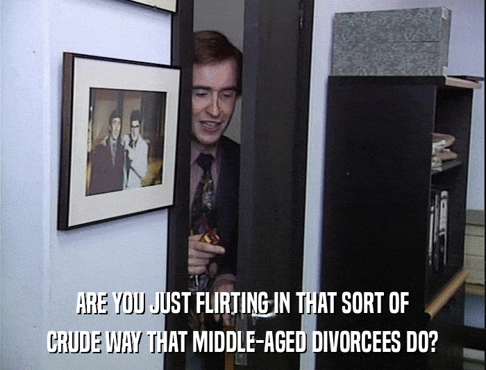 ARE YOU JUST FLIRTING IN THAT SORT OF CRUDE WAY THAT MIDDLE-AGED DIVORCEES DO? 