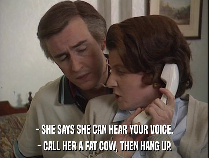 - SHE SAYS SHE CAN HEAR YOUR VOICE. - CALL HER A FAT COW, THEN HANG UP. 