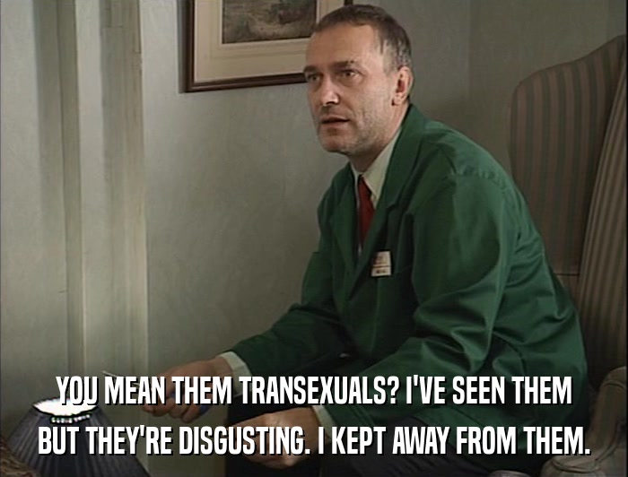 YOU MEAN THEM TRANSEXUALS? I'VE SEEN THEM BUT THEY'RE DISGUSTING. I KEPT AWAY FROM THEM. 
