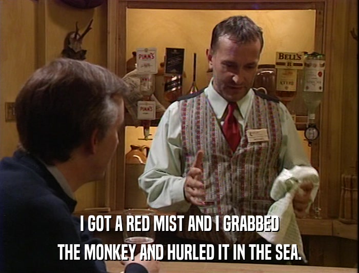 I GOT A RED MIST AND I GRABBED THE MONKEY AND HURLED IT IN THE SEA. 