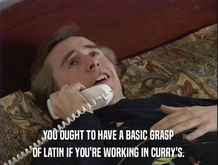 YOU OUGHT TO HAVE A BASIC GRASP OF LATIN IF YOU'RE WORKING IN CURRY'S. 