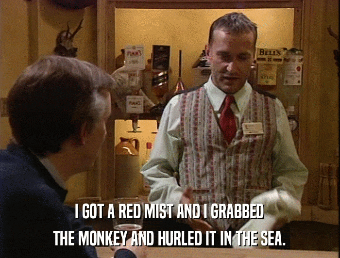 I GOT A RED MIST AND I GRABBED THE MONKEY AND HURLED IT IN THE SEA. 