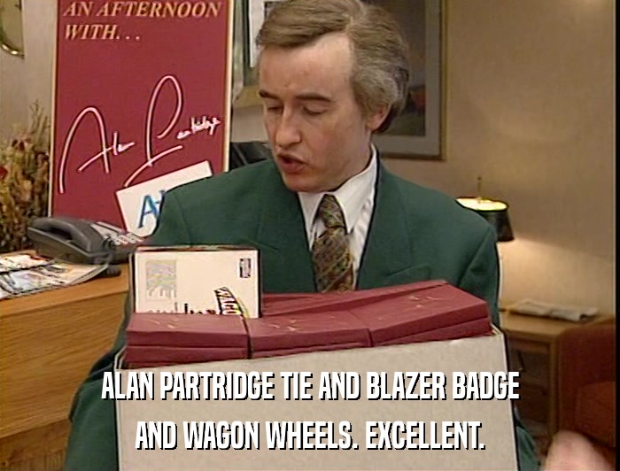 ALAN PARTRIDGE TIE AND BLAZER BADGE AND WAGON WHEELS. EXCELLENT. 