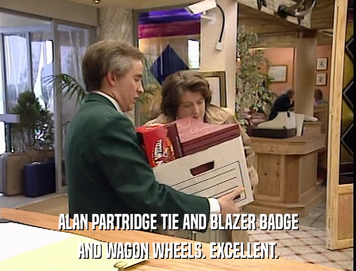 ALAN PARTRIDGE TIE AND BLAZER BADGE AND WAGON WHEELS. EXCELLENT. 