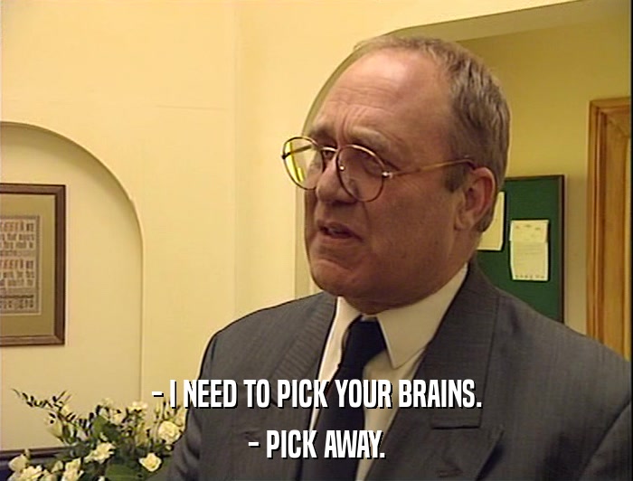 - I NEED TO PICK YOUR BRAINS.
 - PICK AWAY. 