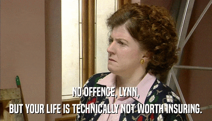 NO OFFENCE, LYNN, BUT YOUR LIFE IS TECHNICALLY NOT WORTH INSURING. 