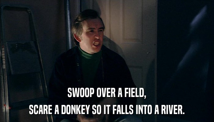 SWOOP OVER A FIELD, SCARE A DONKEY SO IT FALLS INTO A RIVER. 