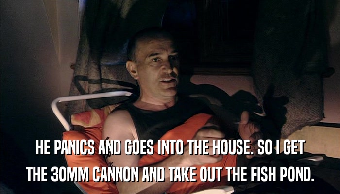 HE PANICS AND GOES INTO THE HOUSE. SO I GET THE 3OMM CANNON AND TAKE OUT THE FISH POND. 
