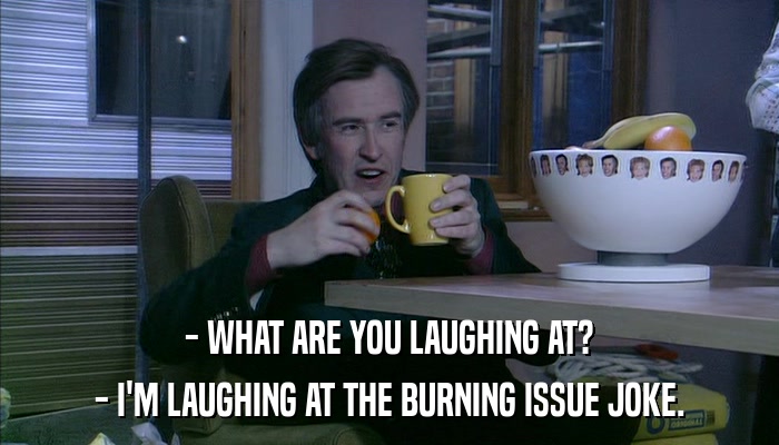 - WHAT ARE YOU LAUGHING AT? - I'M LAUGHING AT THE BURNING ISSUE JOKE. 