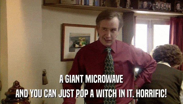 A GIANT MICROWAVE AND YOU CAN JUST POP A WITCH IN IT. HORRIFIC! 