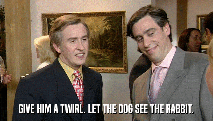 GIVE HIM A TWIRL. LET THE DOG SEE THE RABBIT.  