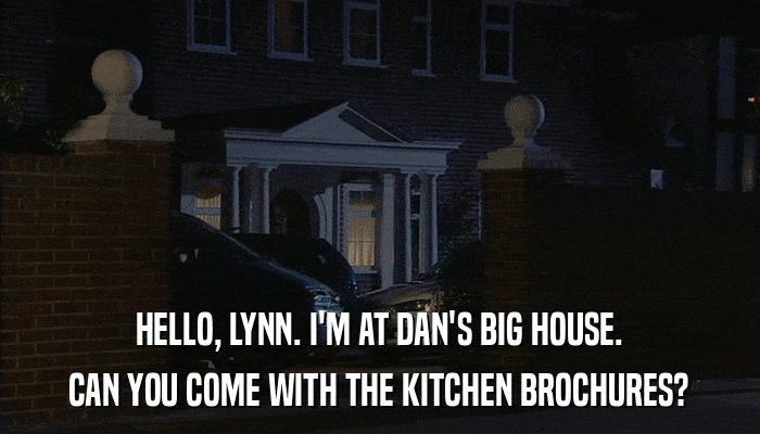 HELLO, LYNN. I'M AT DAN'S BIG HOUSE. CAN YOU COME WITH THE KITCHEN BROCHURES? 
