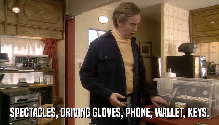 SPECTACLES, DRIVING GLOVES, PHONE, WALLET, KEYS.  