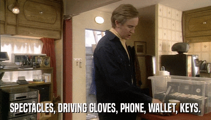 SPECTACLES, DRIVING GLOVES, PHONE, WALLET, KEYS.  