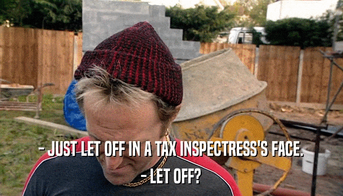 - JUST LET OFF IN A TAX INSPECTRESS'S FACE. - LET OFF? 