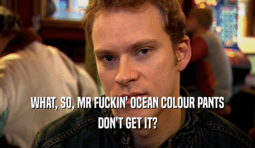 WHAT, SO, MR FUCKIN' OCEAN COLOUR PANTS DON'T GET IT? 