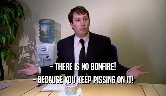 - THERE IS NO BONFIRE! - BECAUSE YOU KEEP PISSING ON IT! 