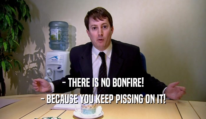 - THERE IS NO BONFIRE! - BECAUSE YOU KEEP PISSING ON IT! 