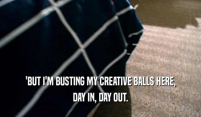 'BUT I'M BUSTING MY CREATIVE BALLS HERE,
 DAY IN, DAY OUT.
 