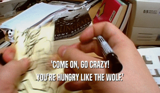 'COME ON, GO CRAZY! YOU'RE HUNGRY LIKE THE WOLF.' 