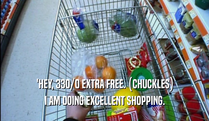 'HEY, 330/0 EXTRA FREE. (CHUCKLES)
 I AM DOING EXCELLENT SHOPPING.
 
