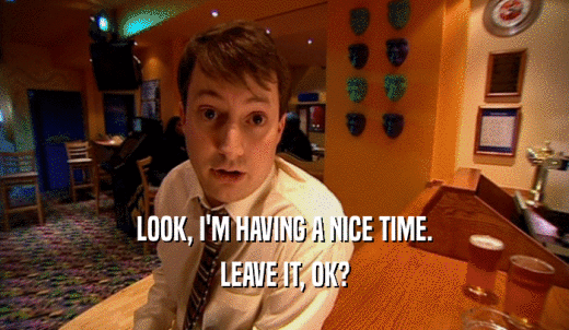 LOOK, I'M HAVING A NICE TIME. LEAVE IT, OK? 