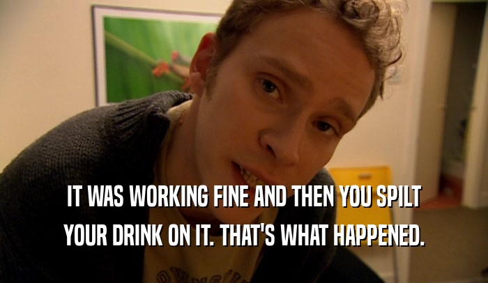 IT WAS WORKING FINE AND THEN YOU SPILT YOUR DRINK ON IT. THAT'S WHAT HAPPENED. 