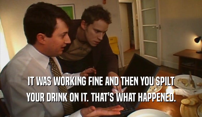 IT WAS WORKING FINE AND THEN YOU SPILT YOUR DRINK ON IT. THAT'S WHAT HAPPENED. 