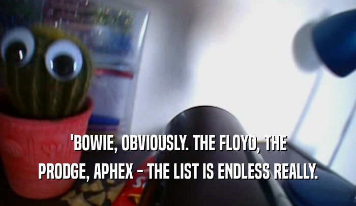 'BOWIE, OBVIOUSLY. THE FLOYD, THE PRODGE, APHEX - THE LIST IS ENDLESS REALLY. 