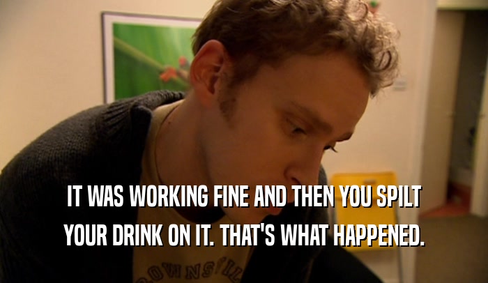 IT WAS WORKING FINE AND THEN YOU SPILT YOUR DRINK ON IT. THAT'S WHAT HAPPENED. 