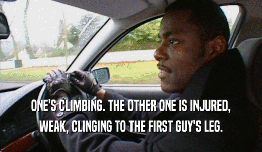 ONE'S CLIMBING. THE OTHER ONE IS INJURED, WEAK, CLINGING TO THE FIRST GUY'S LEG. 