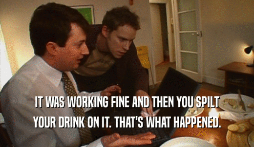 IT WAS WORKING FINE AND THEN YOU SPILT YOUR DRINK ON IT. THAT'S WHAT HAPPENED. 