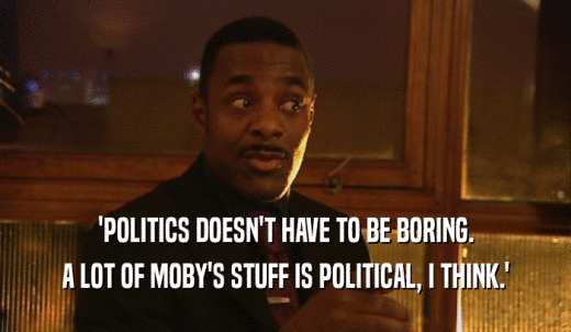 'POLITICS DOESN'T HAVE TO BE BORING. A LOT OF MOBY'S STUFF IS POLITICAL, I THINK.' 