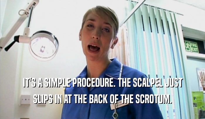 IT'S A SIMPLE PROCEDURE. THE SCALPEL JUST SLIPS IN AT THE BACK OF THE SCROTUM. 