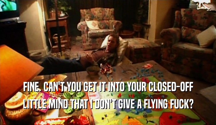 FINE. CAN'T YOU GET IT INTO YOUR CLOSED-OFF LITTLE MIND THAT I DON'T GIVE A FLYING FUCK? 