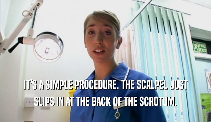 IT'S A SIMPLE PROCEDURE. THE SCALPEL JUST SLIPS IN AT THE BACK OF THE SCROTUM. 