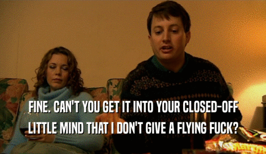 FINE. CAN'T YOU GET IT INTO YOUR CLOSED-OFF LITTLE MIND THAT I DON'T GIVE A FLYING FUCK? 